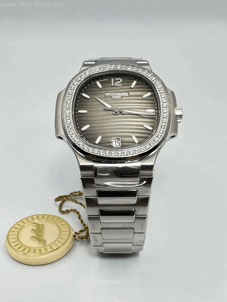 Patek Nautilus Diamond Grey Dial 35mm Ladies PPF Swiss เรือนเงิน ขอบเพชร หน้าเทา หญิง 01