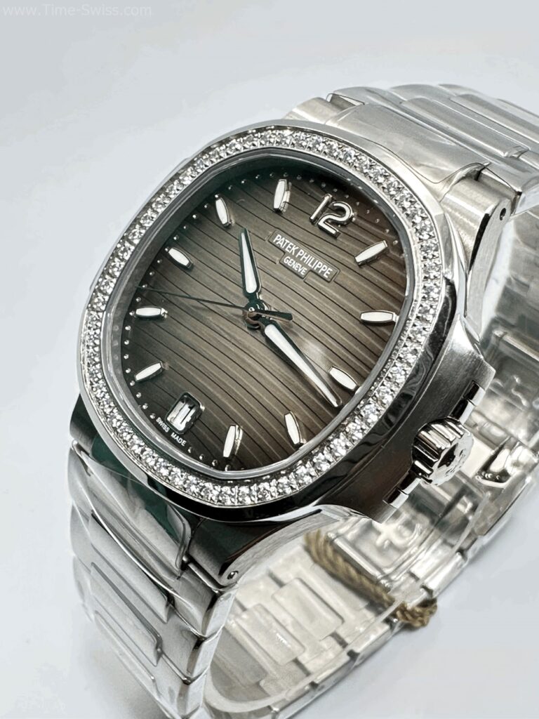 Patek Nautilus Diamond Grey Dial 35mm Ladies PPF Swiss เรือนเงิน ขอบเพชร หน้าเทา หญิง 03