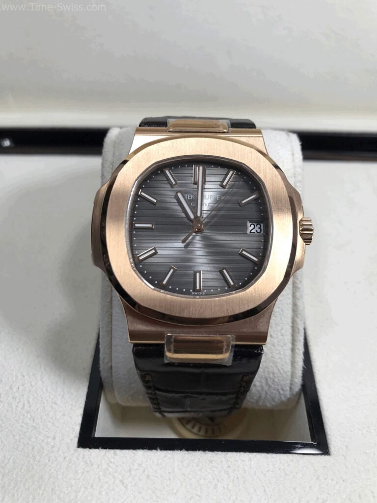 Patek Nautilus Rose Gold 40mm PPF V4 Swiss เรือนทองพิ้ง หน้าดำ สายหนัง 01