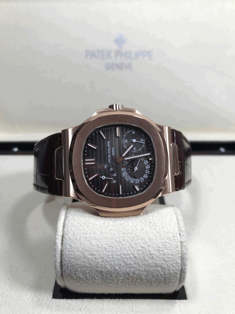 Patek Nautilus Moon Phase Rose Gold 40mm ZF Swiss เรือนทองพิ้ง หน้าดำ Power สายหนัง 08