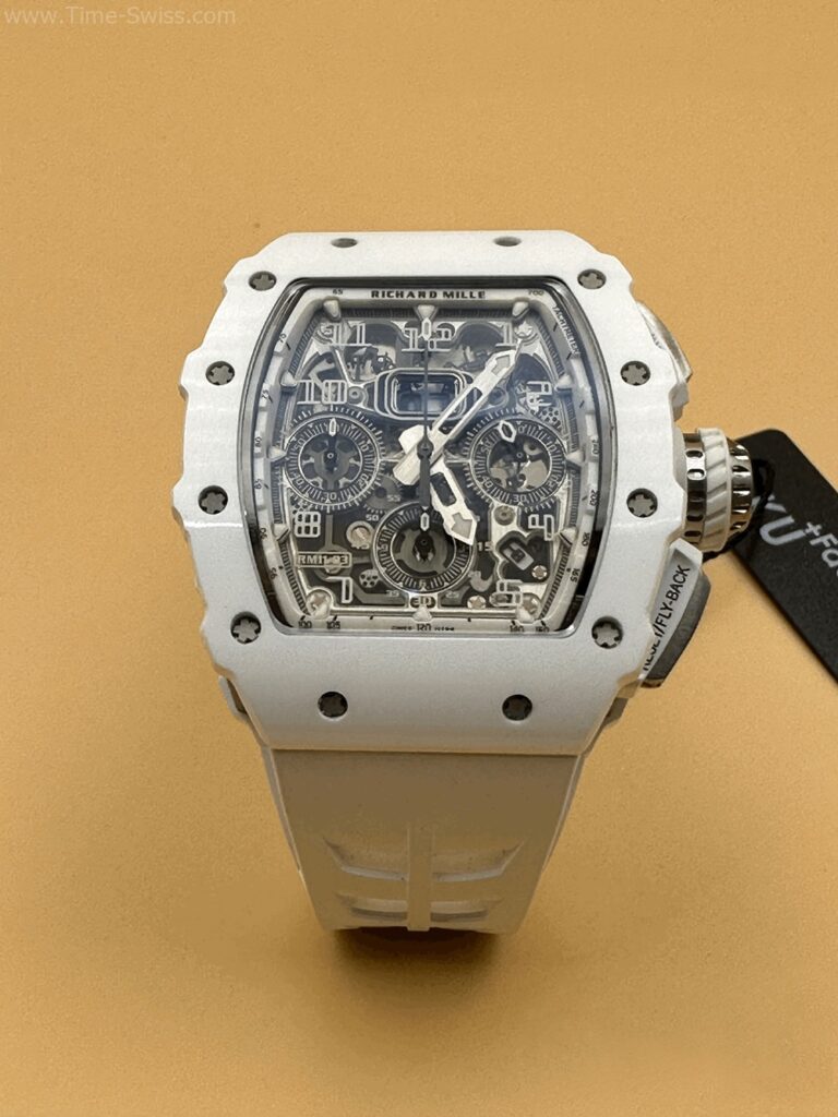 Richard Mille RM011-03 White Ceramic Swiss เรือนคาร์บอนขาว สายยางขาว จับเวลา 01