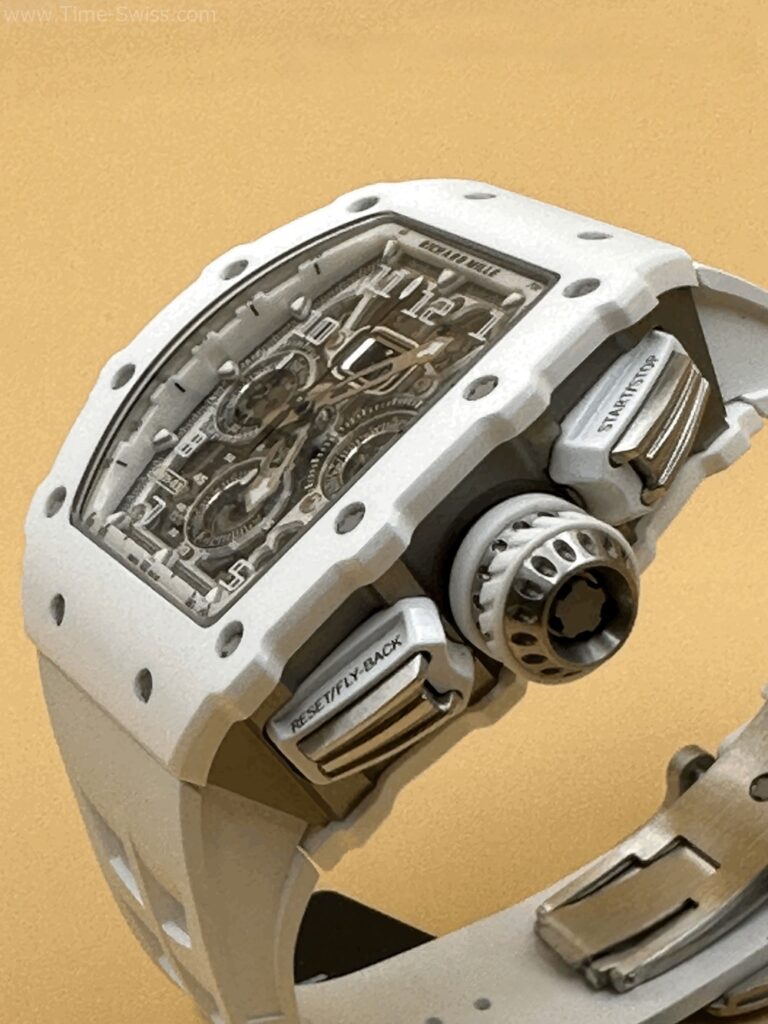 Richard Mille RM011-03 White Ceramic Swiss เรือนคาร์บอนขาว สายยางขาว จับเวลา 02