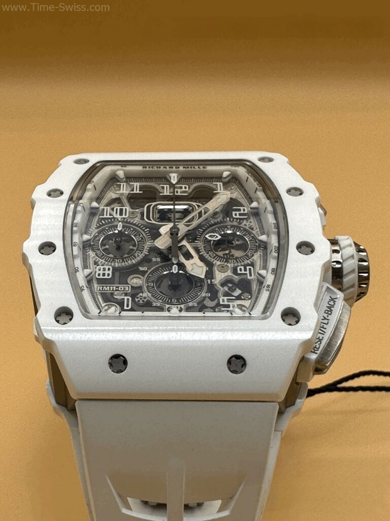 Richard Mille RM011-03 White Ceramic Swiss เรือนคาร์บอนขาว สายยางขาว จับเวลา 04