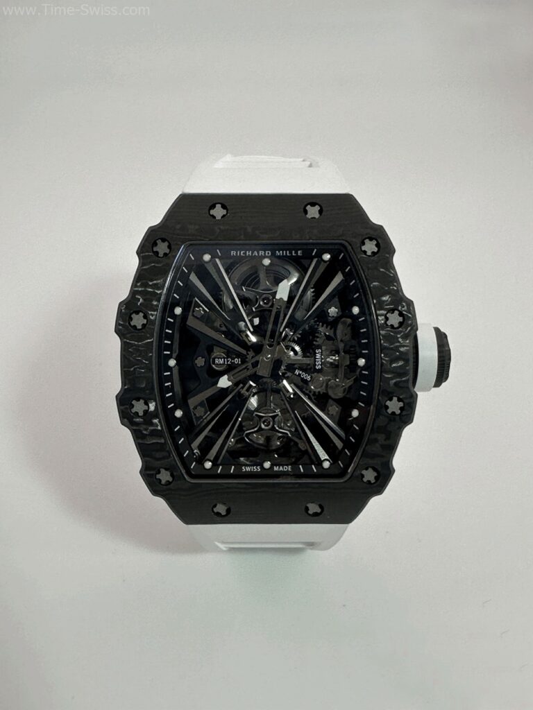 Richard Mille RM12-01 Carbon White Rubble RM Swiss เรือนคาร์บอนดำ สายยางขาว 01