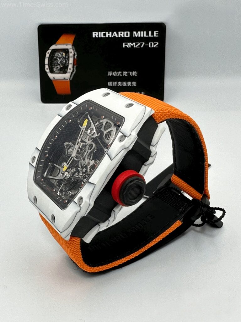 Richard Mille RM27-02 White Carbon RM Swiss เรือนคาร์บอนสีขาว สายผ้าสีส้ม 01