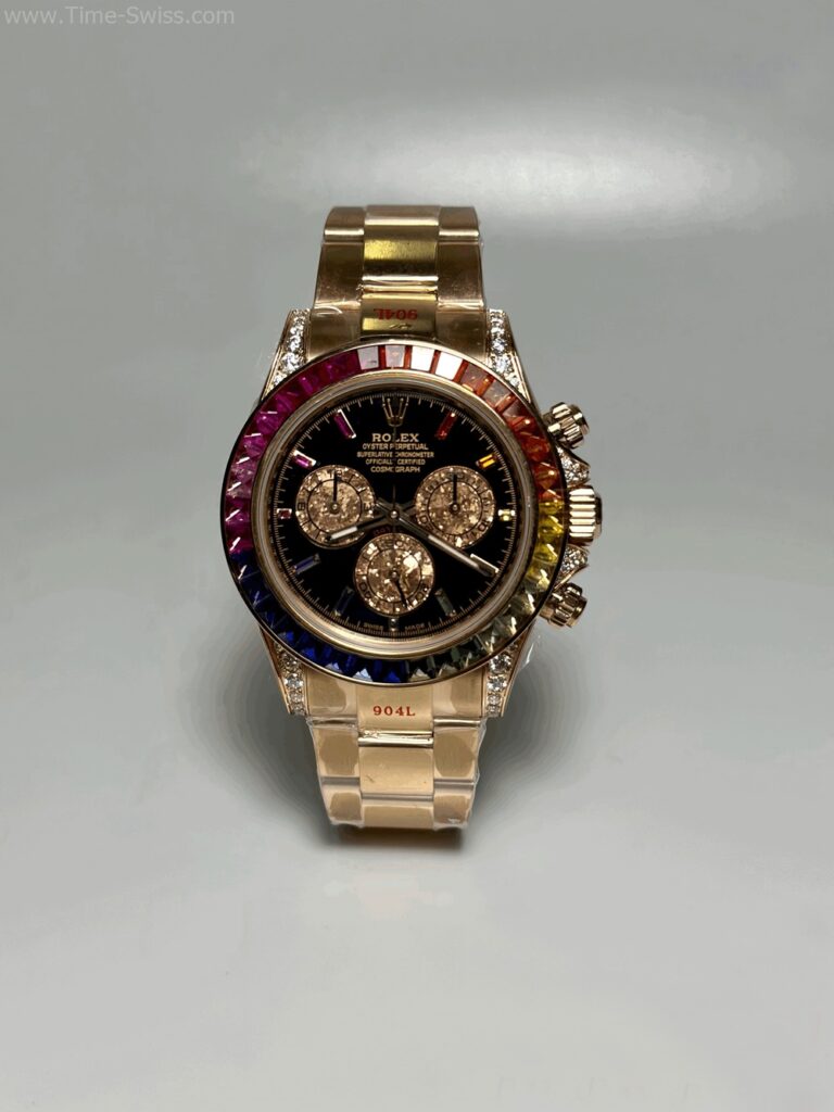 Rolex Daytona Rainbow Rose Gold Black Dial 40mm ZF Swiss เรือนทอง ขอบเพชรสีรุ้ง 01