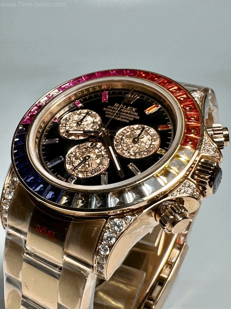 Rolex Daytona Rainbow Rose Gold Black Dial 40mm ZF Swiss เรือนทอง ขอบเพชรสีรุ้ง 02