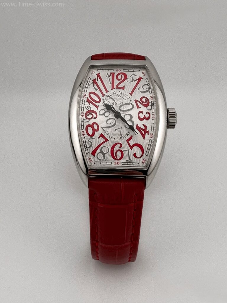 Franck Muller Crazy Hours Red Ladies เรือนเงิน หน้าขาว ตัวเลขแดง สายยางแดง ผู้หญิง 01