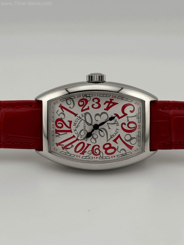 Franck Muller Crazy Hours Red Ladies เรือนเงิน หน้าขาว ตัวเลขแดง สายยางแดง ผู้หญิง 02