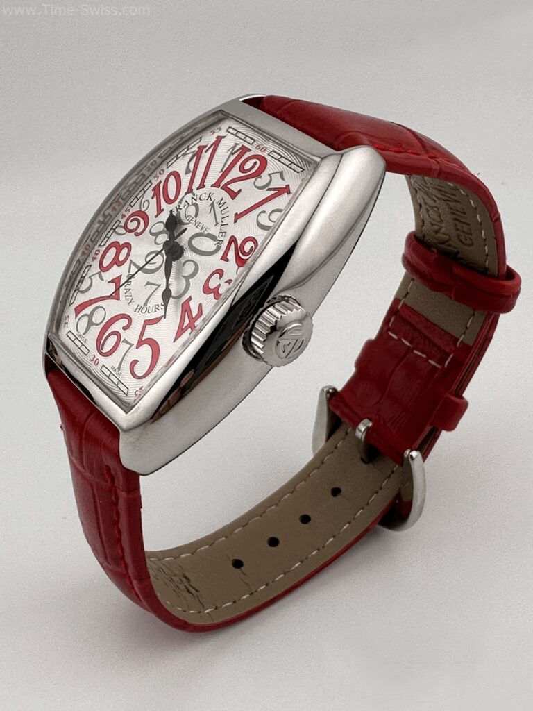 Franck Muller Crazy Hours Red Ladies เรือนเงิน หน้าขาว ตัวเลขแดง สายยางแดง ผู้หญิง 03