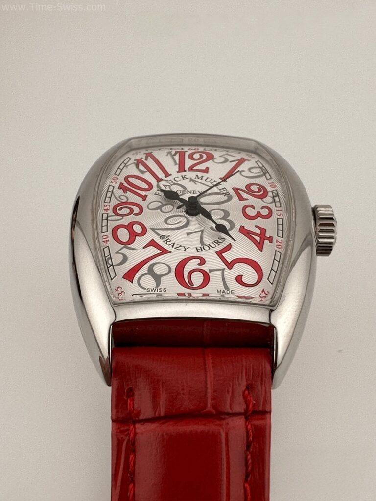 Franck Muller Crazy Hours Red Ladies เรือนเงิน หน้าขาว ตัวเลขแดง สายยางแดง ผู้หญิง 04