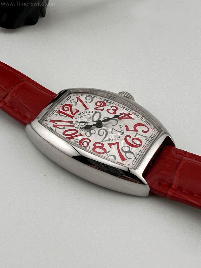 Franck Muller Crazy Hours Red Ladies เรือนเงิน หน้าขาว ตัวเลขแดง สายยางแดง ผู้หญิง 05