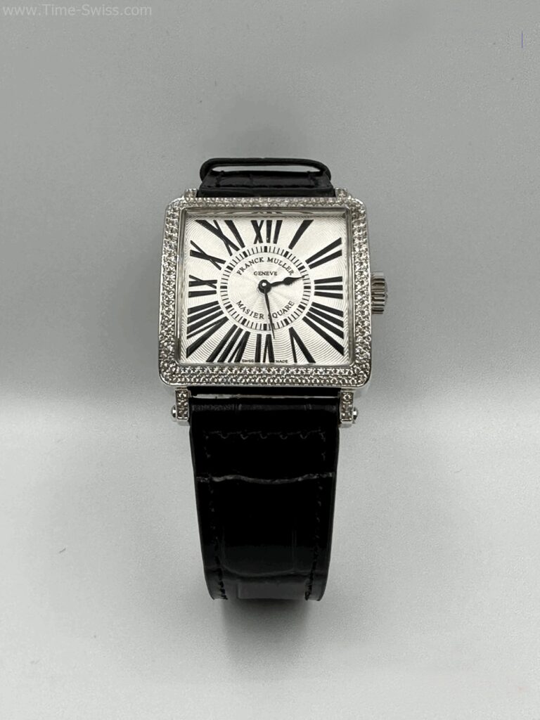 Franck Muller Master Square Diamond Black เรือนเงิน หน้าขาวโรมัน ขอบเพชร สายหนังดำ 01