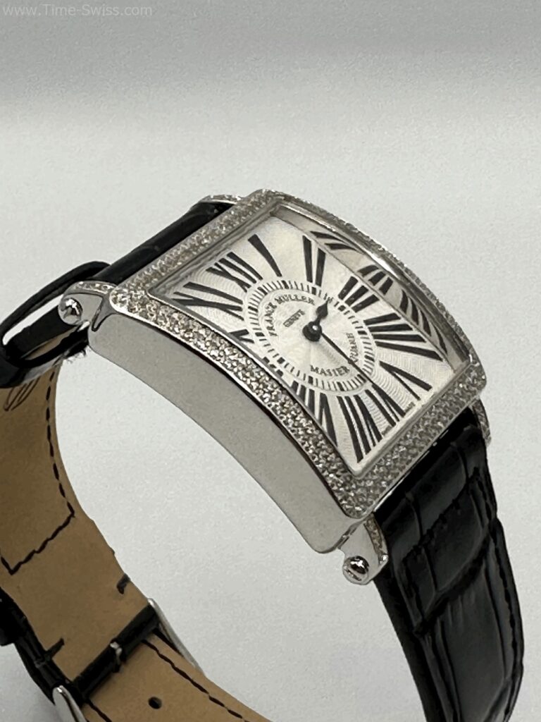 Franck Muller Master Square Diamond Black เรือนเงิน หน้าขาวโรมัน ขอบเพชร สายหนังดำ 03