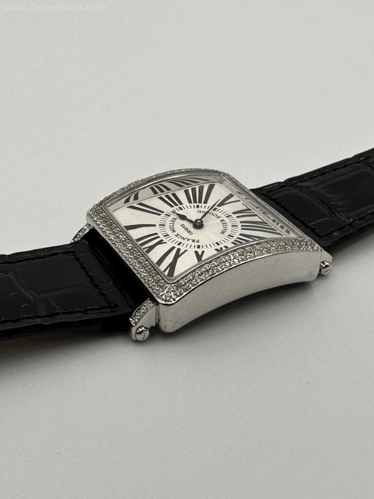 Franck Muller Master Square Diamond Black เรือนเงิน หน้าขาวโรมัน ขอบเพชร สายหนังดำ 04