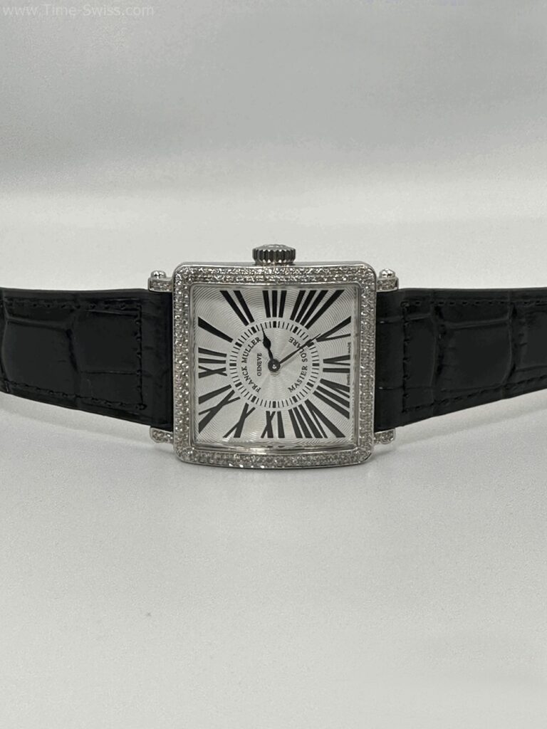 Franck Muller Master Square Diamond Black เรือนเงิน หน้าขาวโรมัน ขอบเพชร สายหนังดำ 07