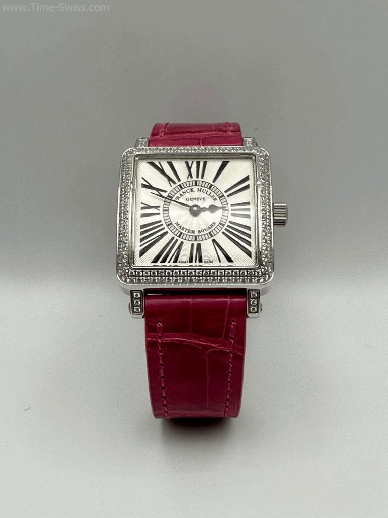 Franck Muller Master Square Diamond Red เรือนเงิน หน้าขาวโรมัน ขอบเพชร สายหนังแดง 01