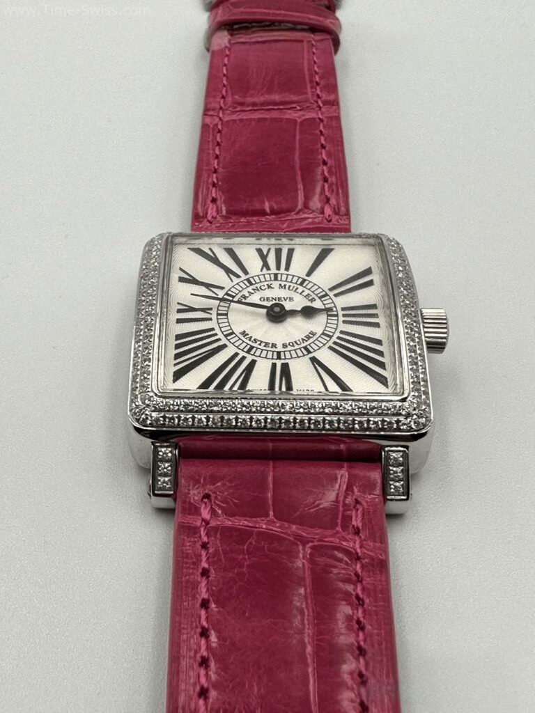 Franck Muller Master Square Diamond Red เรือนเงิน หน้าขาวโรมัน ขอบเพชร สายหนังแดง 04