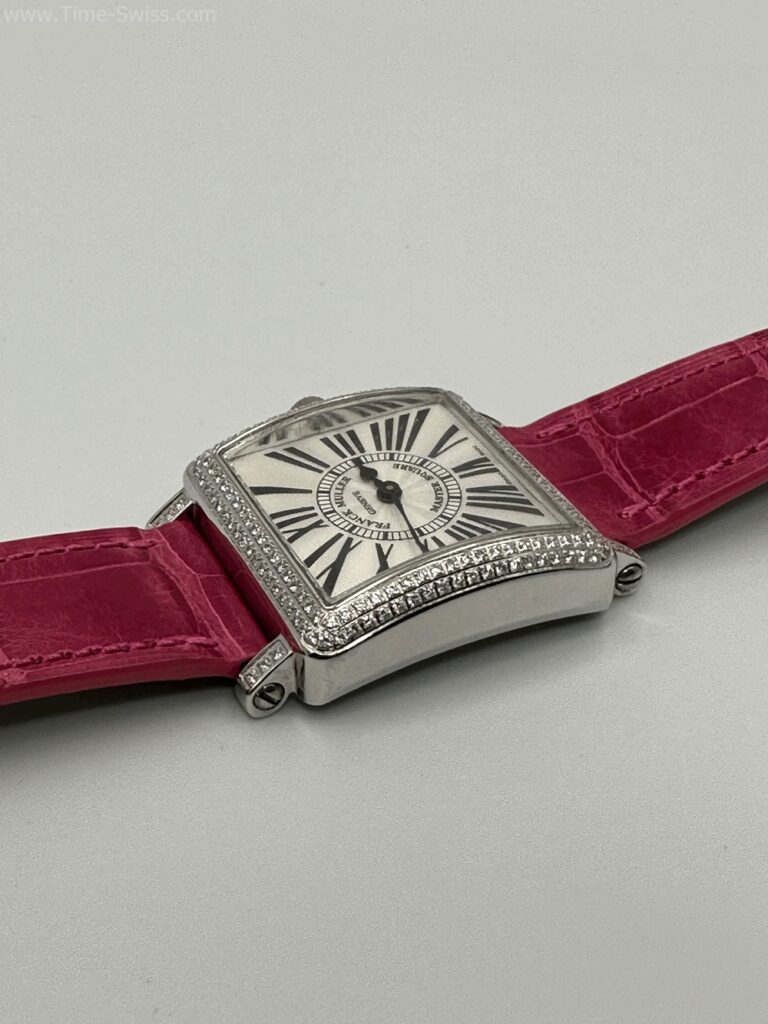 Franck Muller Master Square Diamond Red เรือนเงิน หน้าขาวโรมัน ขอบเพชร สายหนังแดง 05