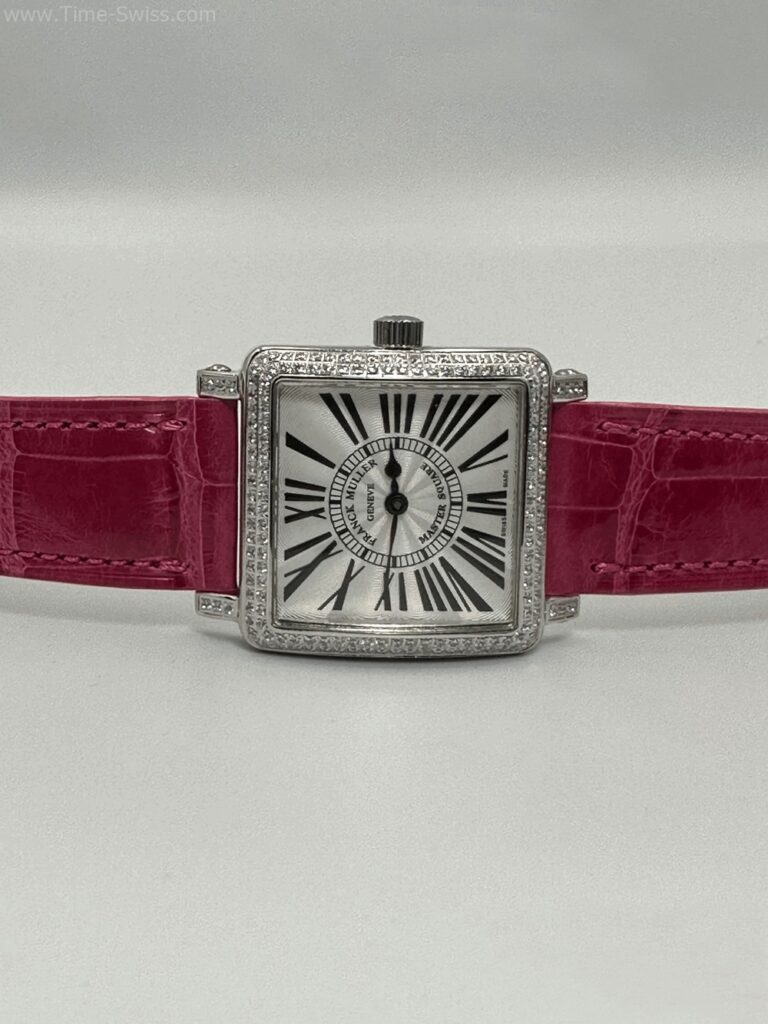 Franck Muller Master Square Diamond Red เรือนเงิน หน้าขาวโรมัน ขอบเพชร สายหนังแดง 07