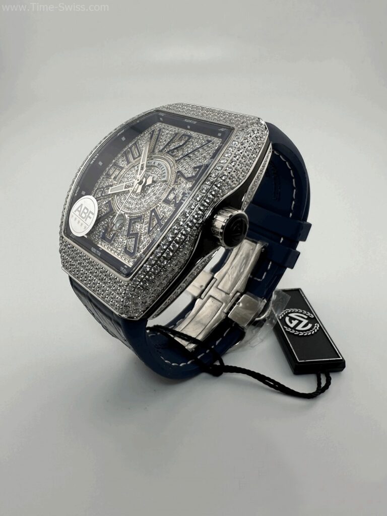 Franck Muller V45SCDI Vanguard Diamond ABF Swiss เรือนเพชร หน้าเพรช สายยางน้ำเงิน 02
