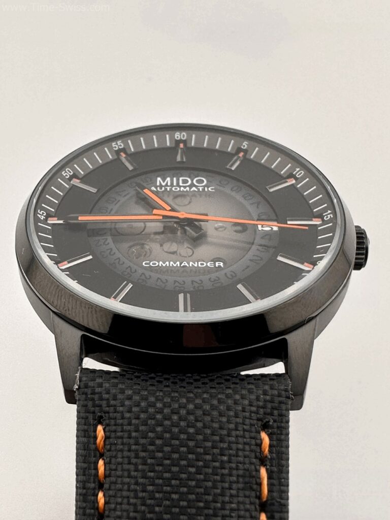 MIDO Multifort Skeleton Vertigo PVD Black เรือนดำ เข็มส้ม สายหนังผ้า 04