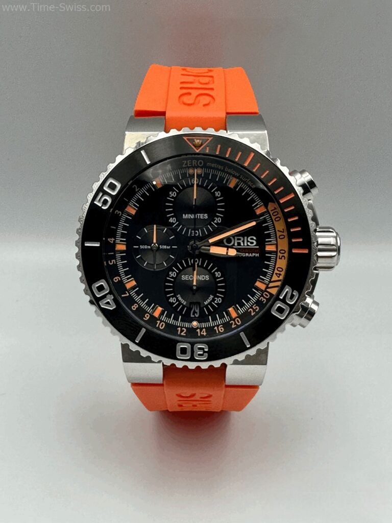 Oris Aquis Depth Gauge Chronograrh Black Dial Orange Rubble หน้าดำ สายยางส้ม 01