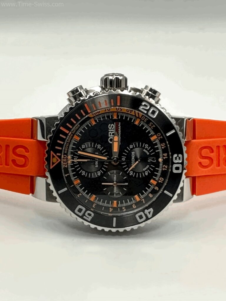 Oris Aquis Depth Gauge Chronograrh Black Dial Orange Rubble หน้าดำ สายยางส้ม 07