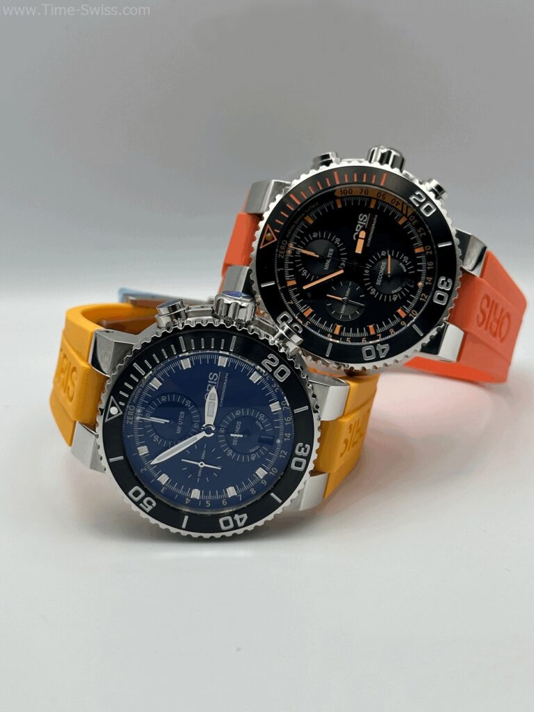 Oris Aquis Depth Gauge Chronograrh Black Dial Orange Rubble หน้าดำ สายยางส้ม 08