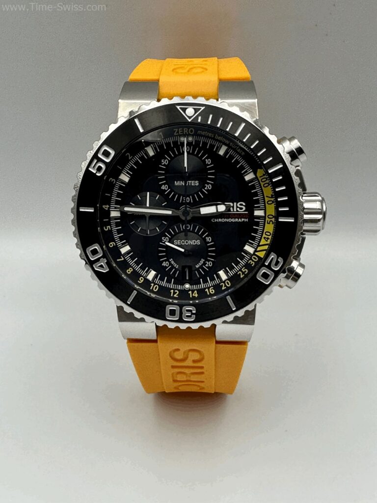 Oris Aquis Depth Gauge Chronograrh Yellow Rubble หน้าดำ สายยางเหลือง 01