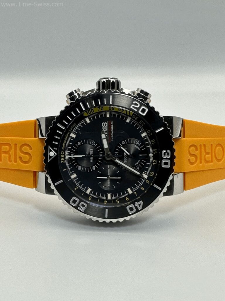 Oris Aquis Depth Gauge Chronograrh Yellow Rubble หน้าดำ สายยางเหลือง 02