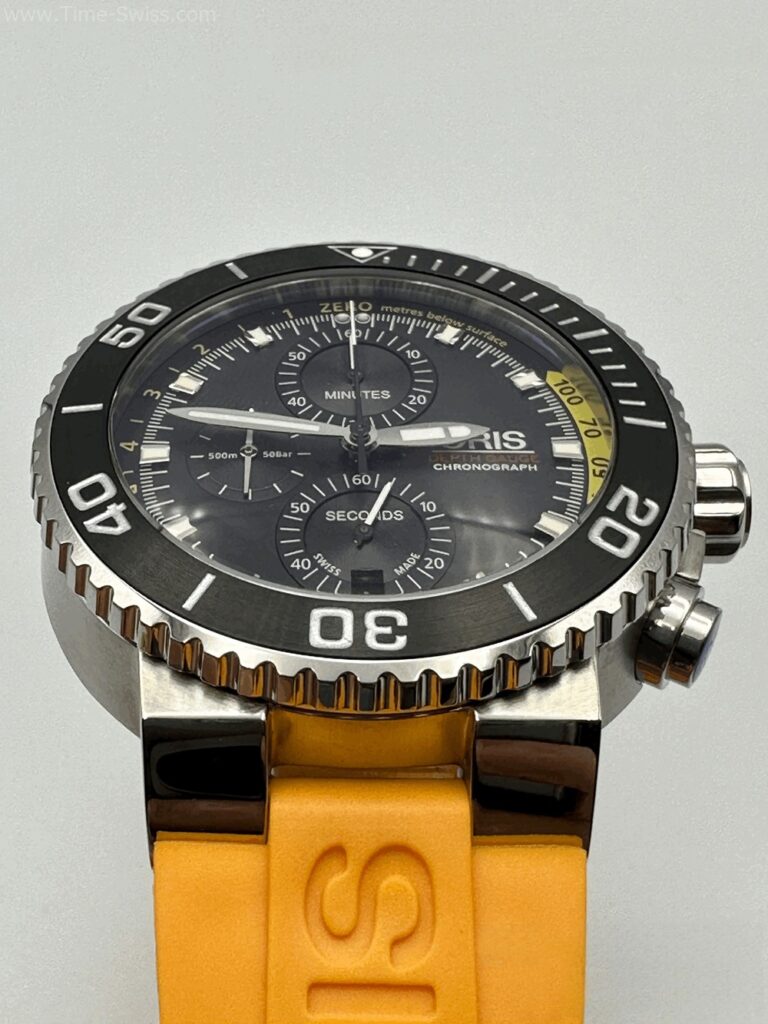 Oris Aquis Depth Gauge Chronograrh Yellow Rubble หน้าดำ สายยางเหลือง 04